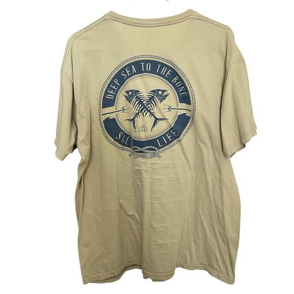 Salt Life Men's T Shirt Crossed Fish Bones size Large Khaki Deep Sea To The Bone - Picture 1 of 4